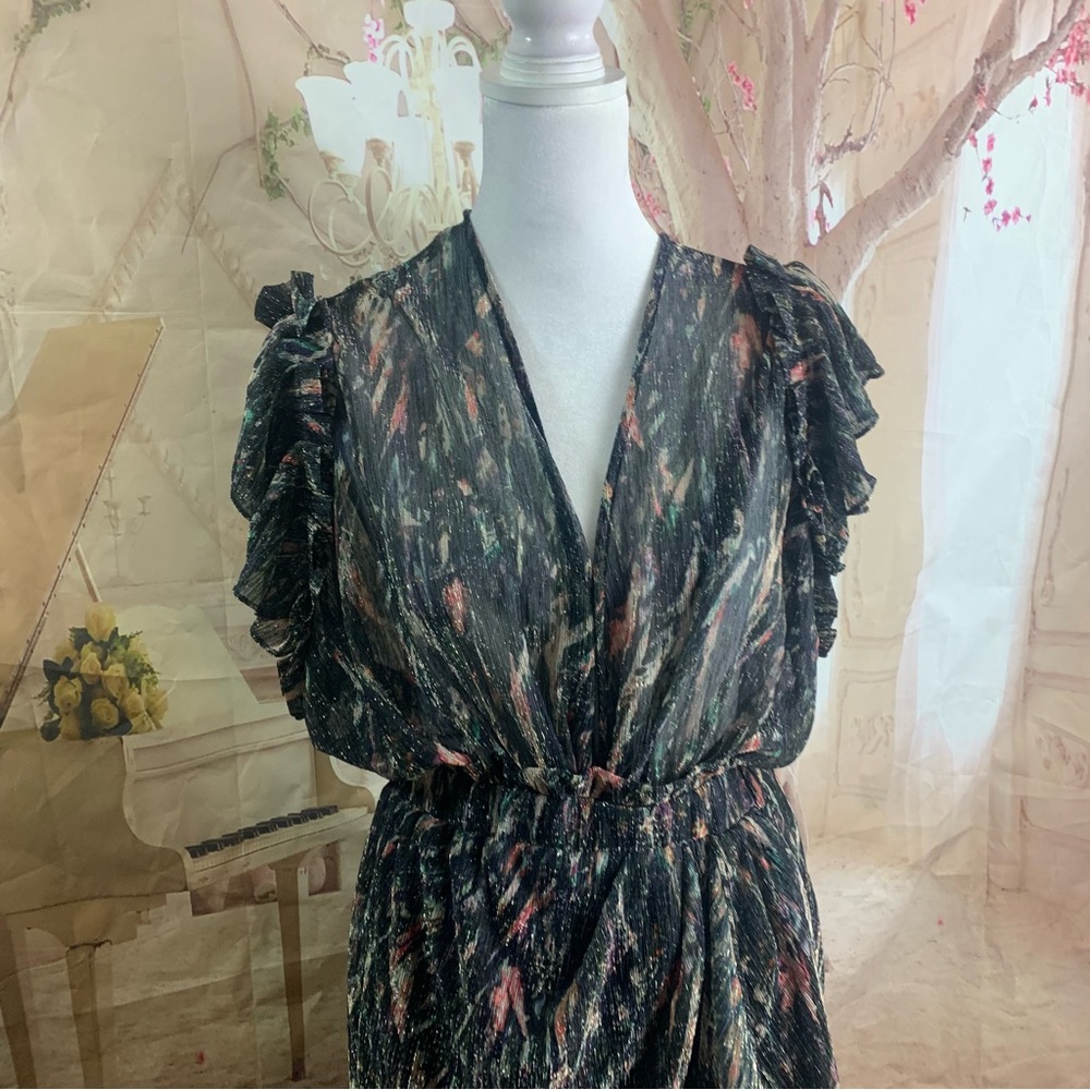 NEW IRO Gargas Wrap-effect Ruffled Printed lurex Sheer MIDI Dress - Picture 3 of 15